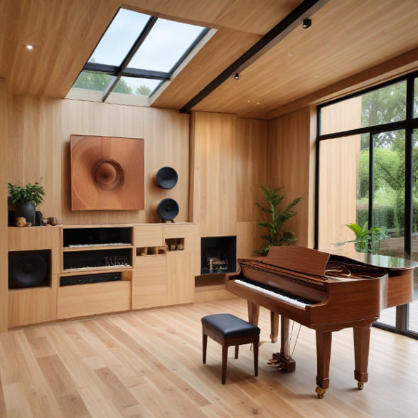 A stylish home extension with built-in speakers, natural wood panels, and a displayed piano.