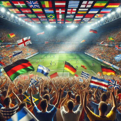 A lively stadium crowd during an overseas soccer match, waving flags, singing chants, and celebrating.