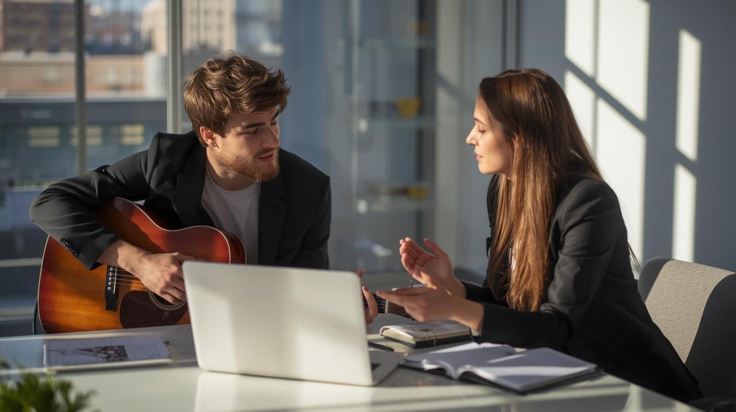Musician and lawyer collaborate on music rights beside laptop in bright studio.