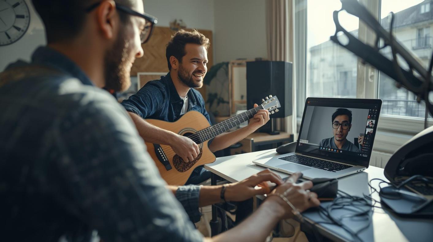 Two musicians collaborating remotely in bright modern home studio setting.