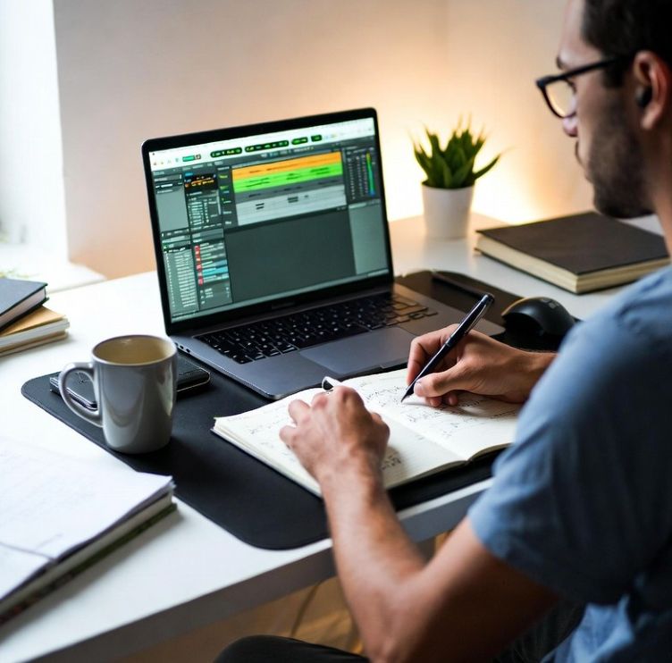 musician writing songs in a clean and organized workspace