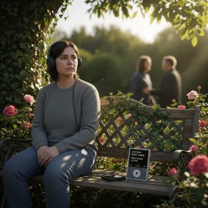 a girl sitting on a garden bench while listening to a song reminiscing about her past relationship