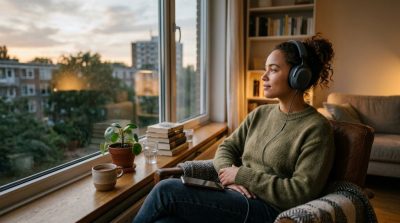 A person sitting quietly near a window wearing headphones and listening to music, peaceful reflective atmosphere